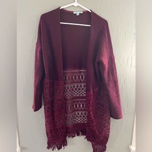 Burgundy, long sleeve cardigan with lace, bottom size medium